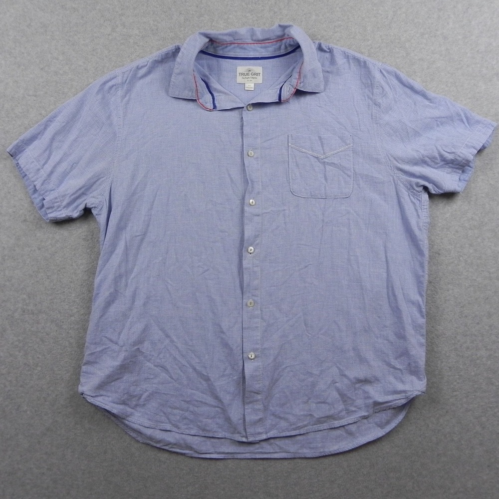 True Grit Shirt Mens 2XL XXL Cotton/Linen Casual Pocket Button Blue Short Sleeve